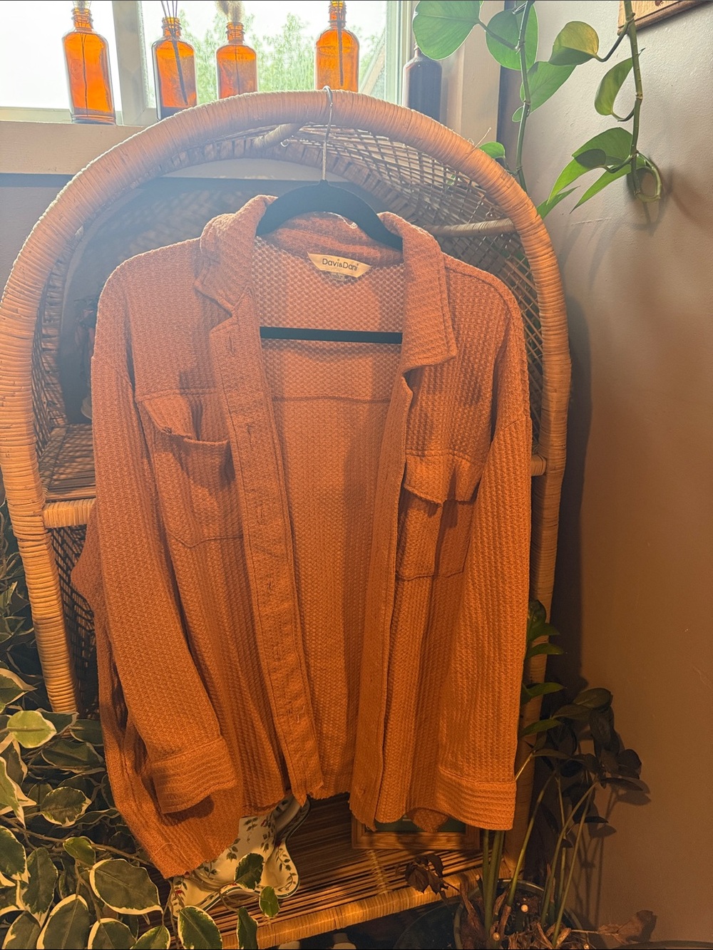 Women’s Long-Sleeve Waffle Shirt Jacket - Rust